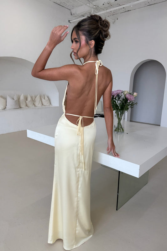 ‘PENELOPE’ Satin Maxi Dress With Flower Detailing - Lemon