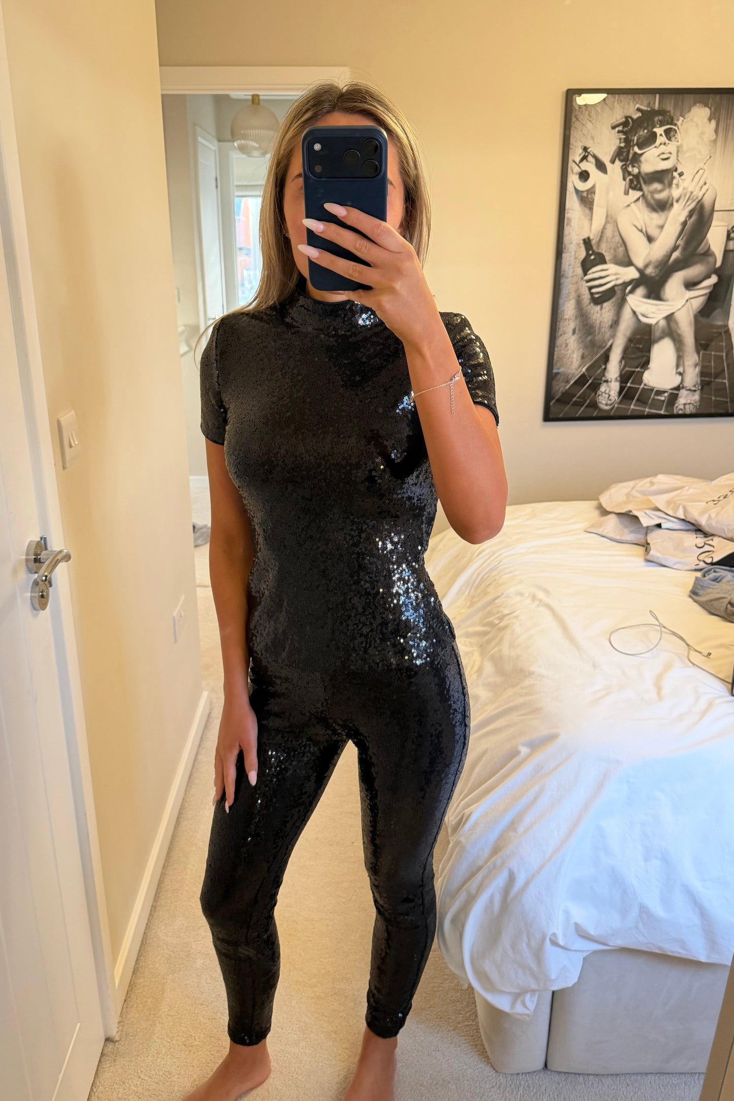 Black sequin open back top and leggings