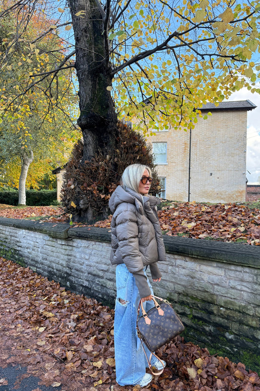 Puffer Coat With Hood | Dark Taupe