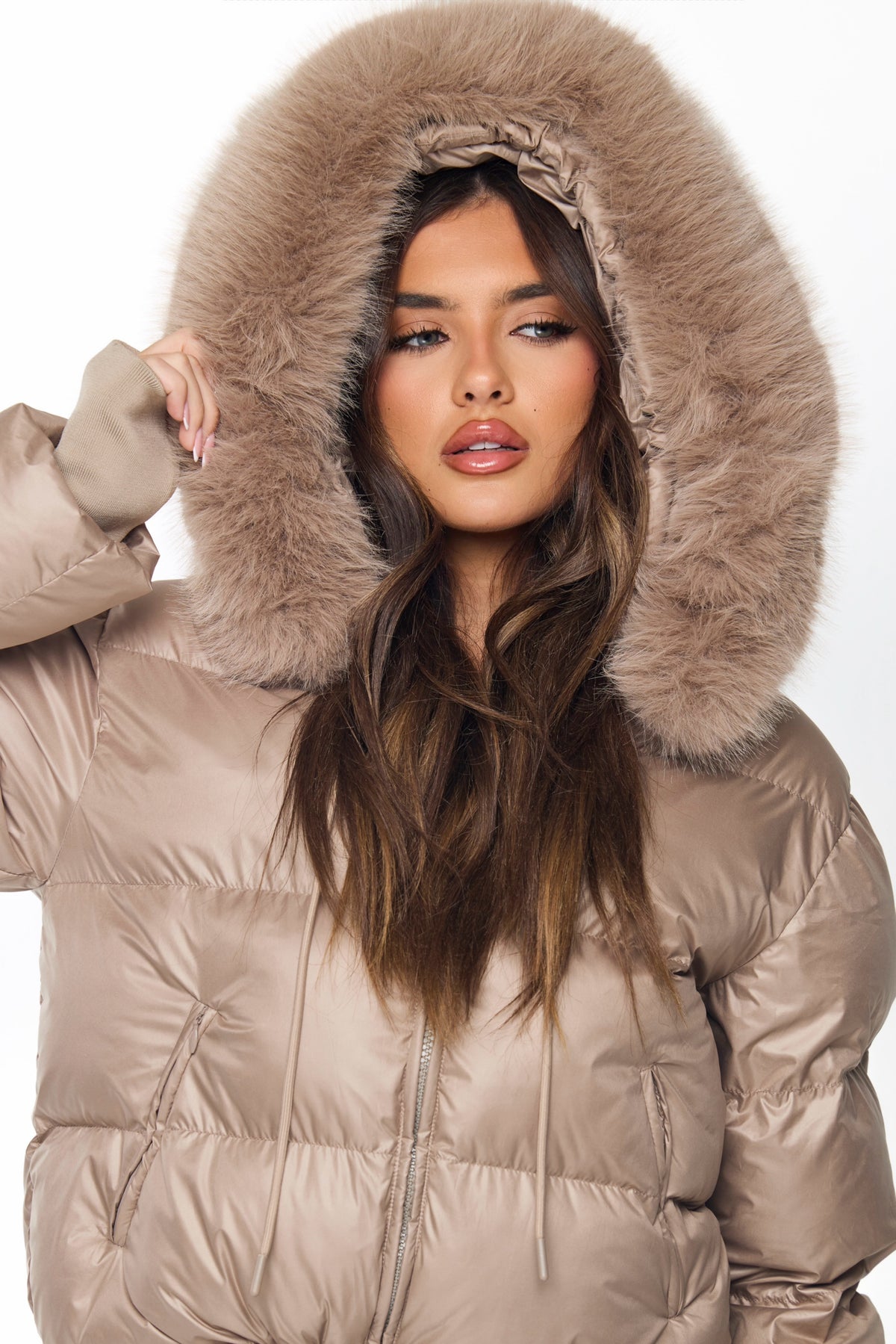 PUFFER COAT WITH FAUX FUR | TAUPE