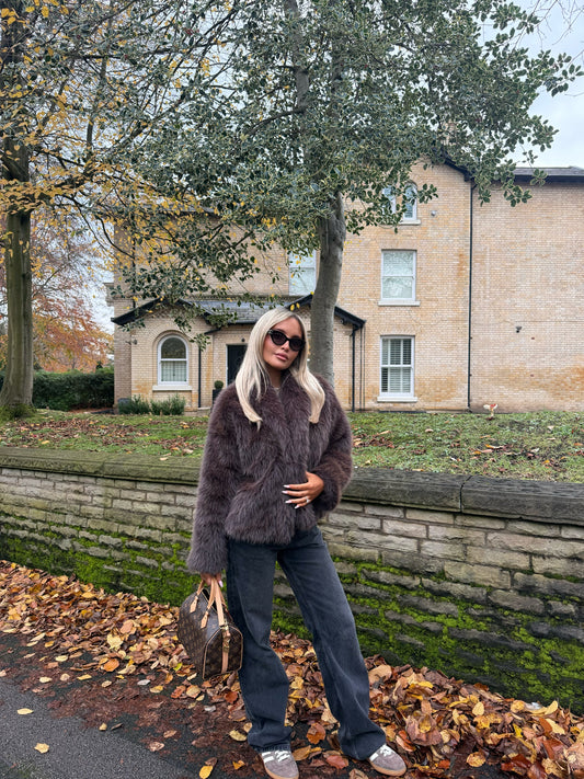 Faux Fur Jacket With Detachable Tie | Brown