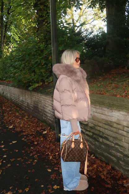 Puffer Coat With Detachable Faux Fur Trim | Taupe