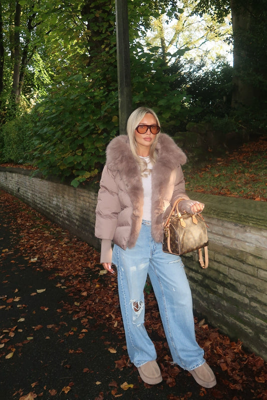 Puffer Coat With Detachable Faux Fur Trim | Taupe