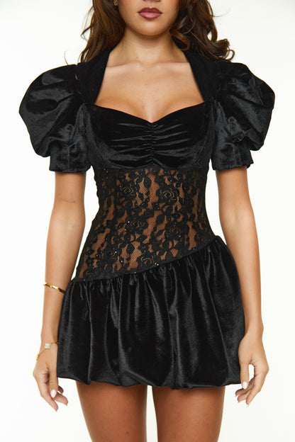Lacey Velvet Bubble Dress With Lace Detailing | Black
