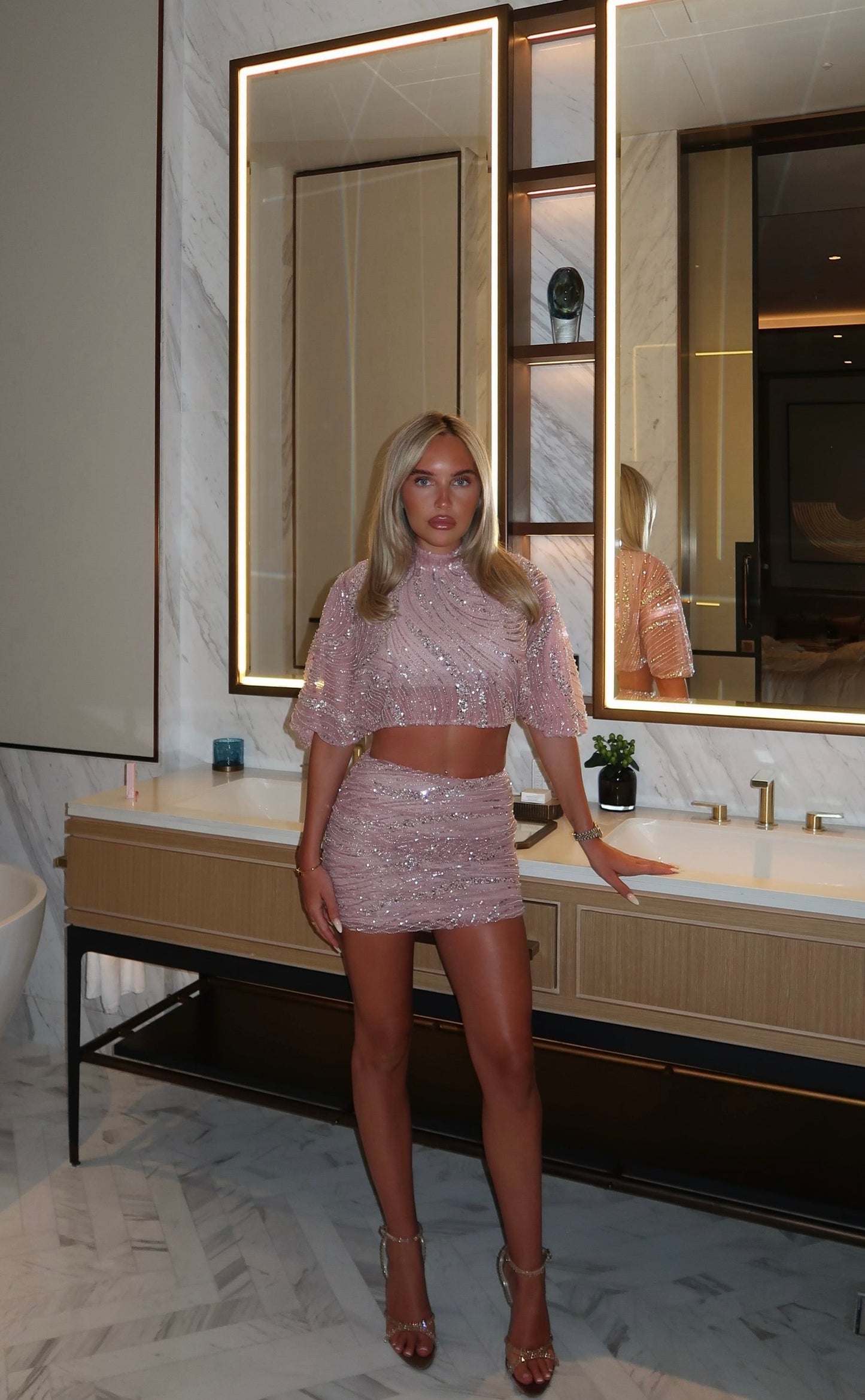 ENYA EMBELLISHED TOP + RUCHED SKIRT | PINK