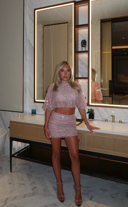 ENYA EMBELLISHED TOP + RUCHED SKIRT | PINK