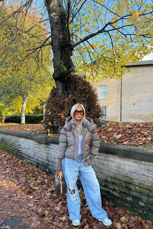 Puffer Coat With Hood | Dark Taupe