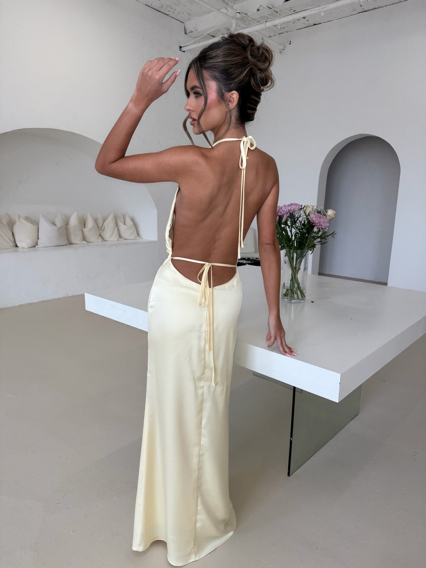 ‘PENELOPE’ Satin Maxi Dress With Flower Detailing - Lemon