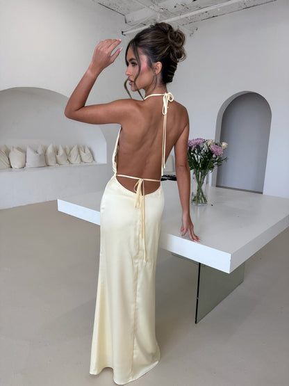 ‘PENELOPE’ Satin Maxi Dress With Flower Detailing - Lemon
