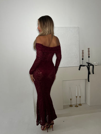 SELENA BURGUNDY LACE SEQUIN MAXI DRESS