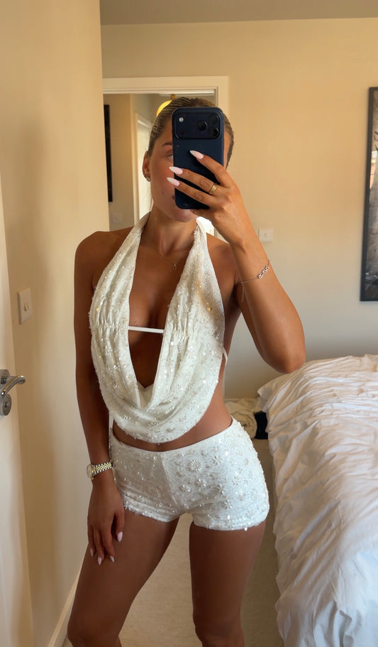Embellished cowl top and shorts white