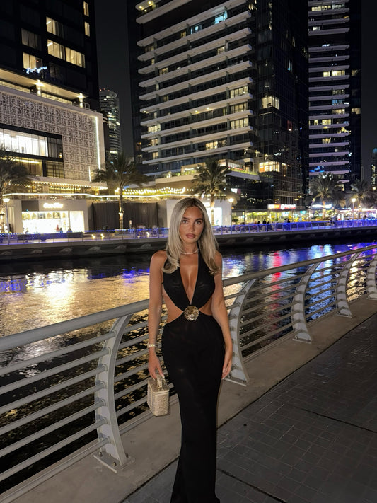 ‘TATE’ MESH CUT OUT DRESS WITH GOLD TRIM- BLACK