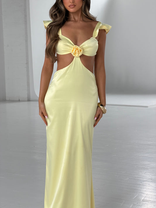 ROSALIE SATIN FLOWER DRESS | LEMON