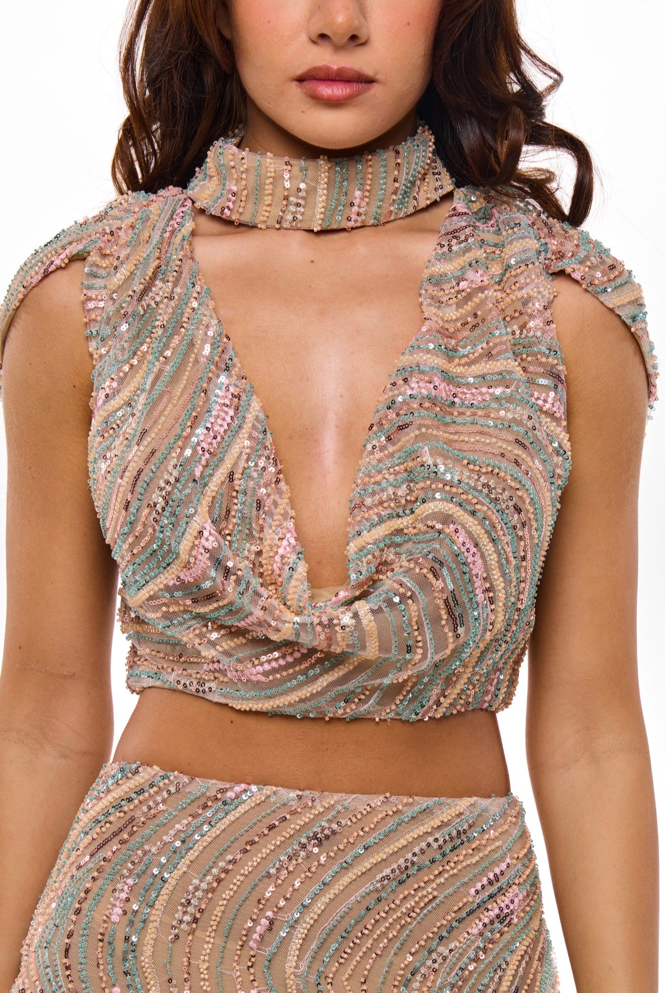 FERN EMBELLISHED COWL TOP + SKIRT | MULTI