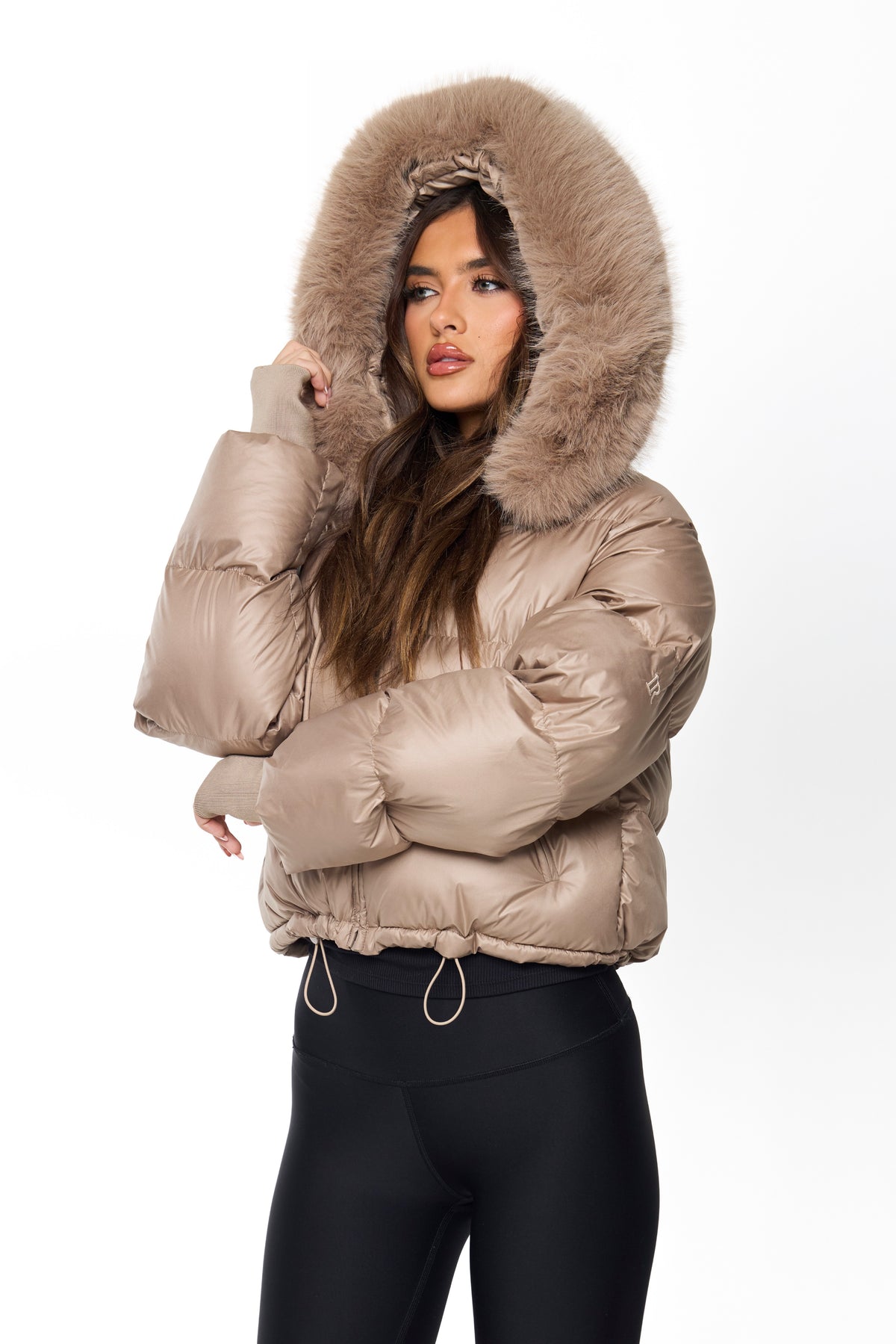 PUFFER COAT WITH FAUX FUR | TAUPE