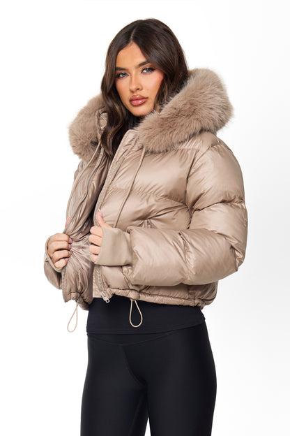 PUFFER COAT WITH FAUX FUR | TAUPE