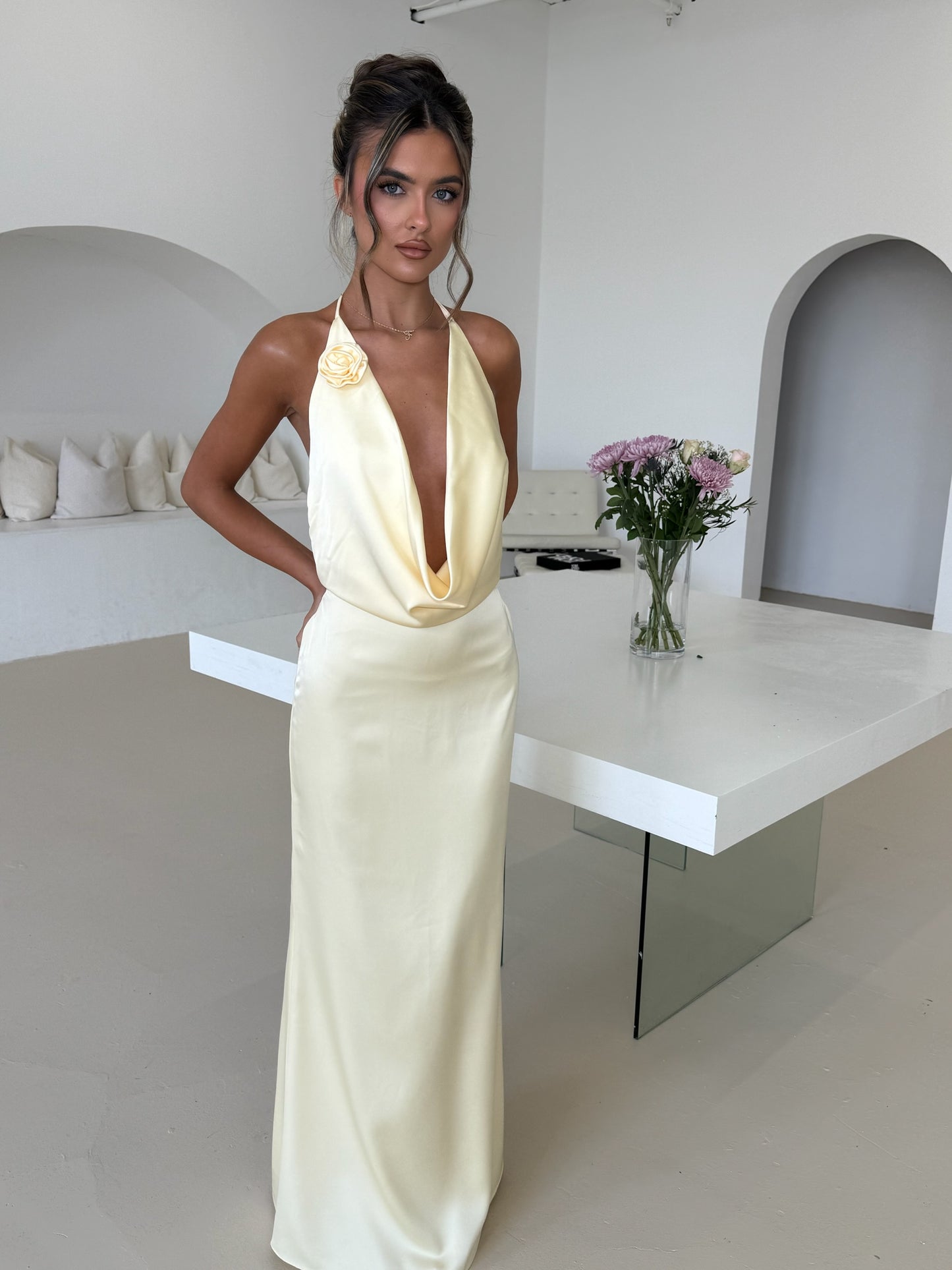 ‘PENELOPE’ Satin Maxi Dress With Flower Detailing - Lemon