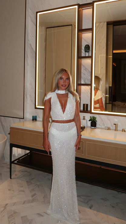 AMELIE EMBELLISHED COWL TOP + MAXI SKIRT | WHITE