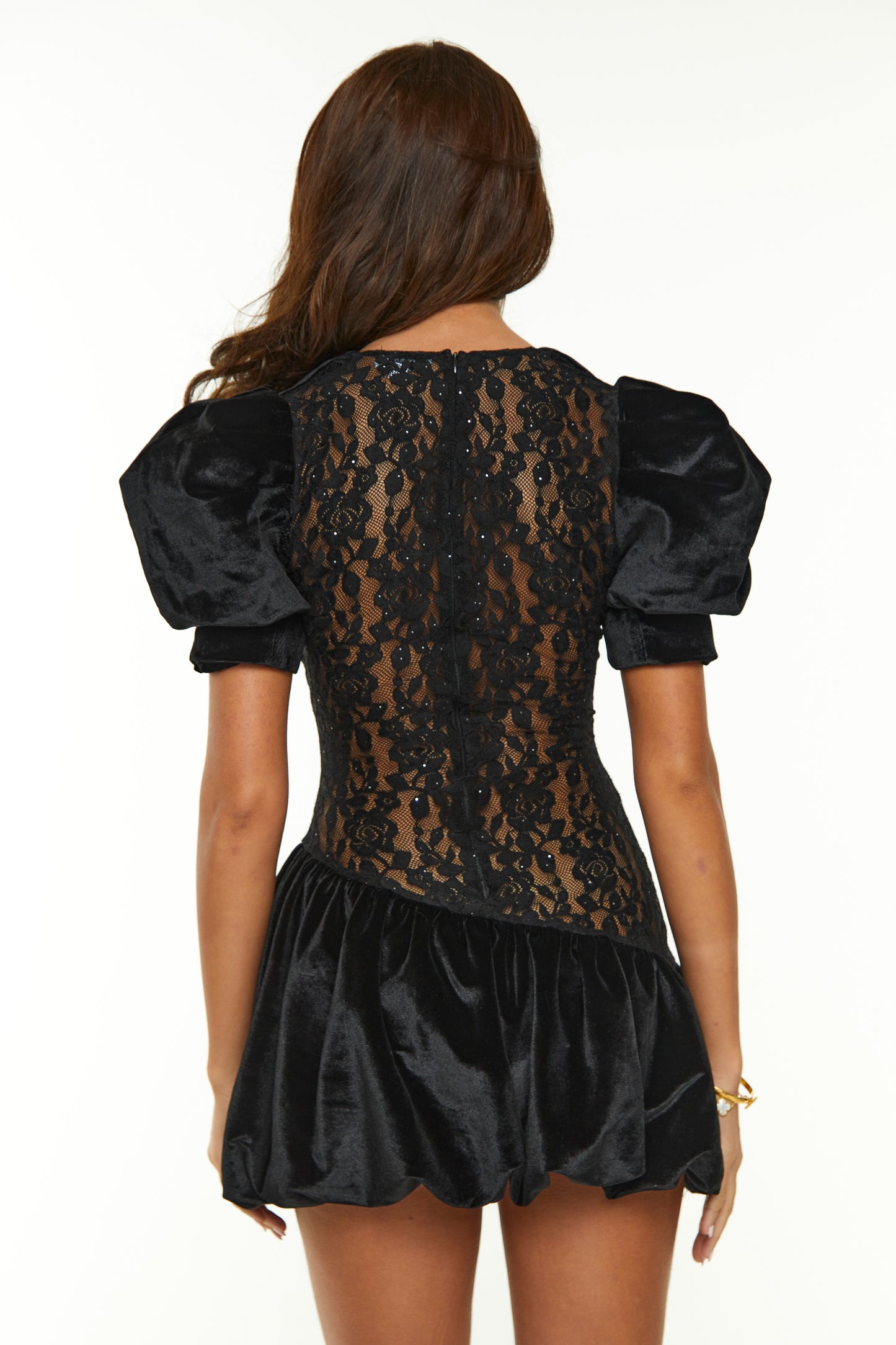 Lacey Velvet Bubble Dress With Lace Detailing | Black