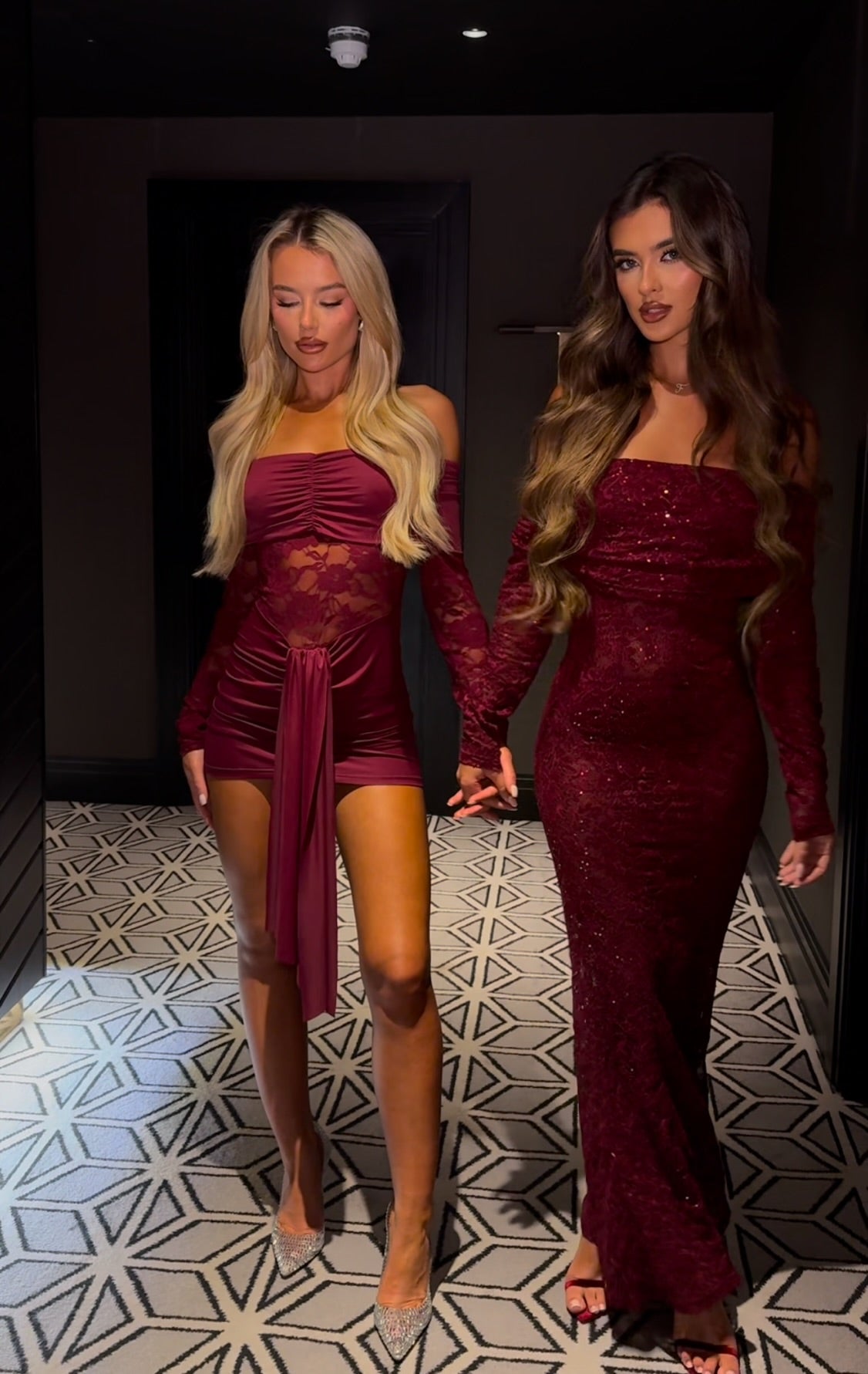 SELENA BURGUNDY LACE SEQUIN MAXI DRESS