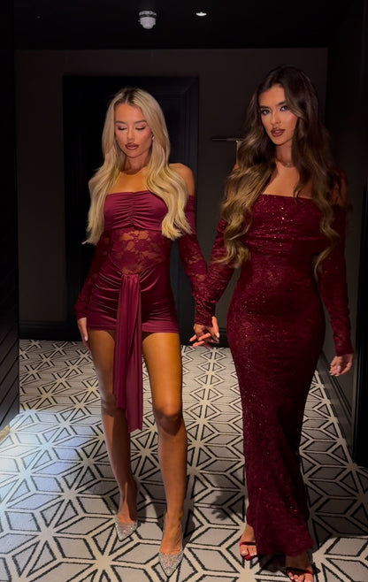 SELENA BURGUNDY LACE SEQUIN MAXI DRESS