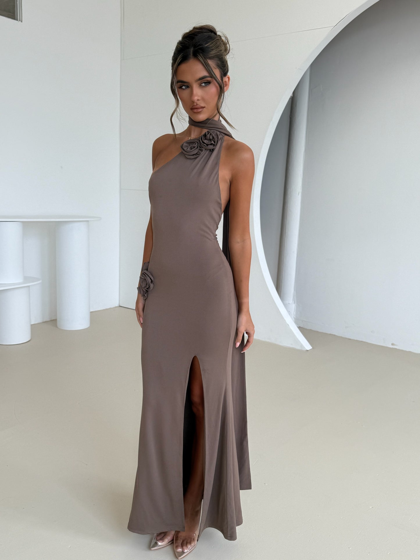 ‘DELILAH’ Maxi Dress With Flower And Drape Detailing - Brown