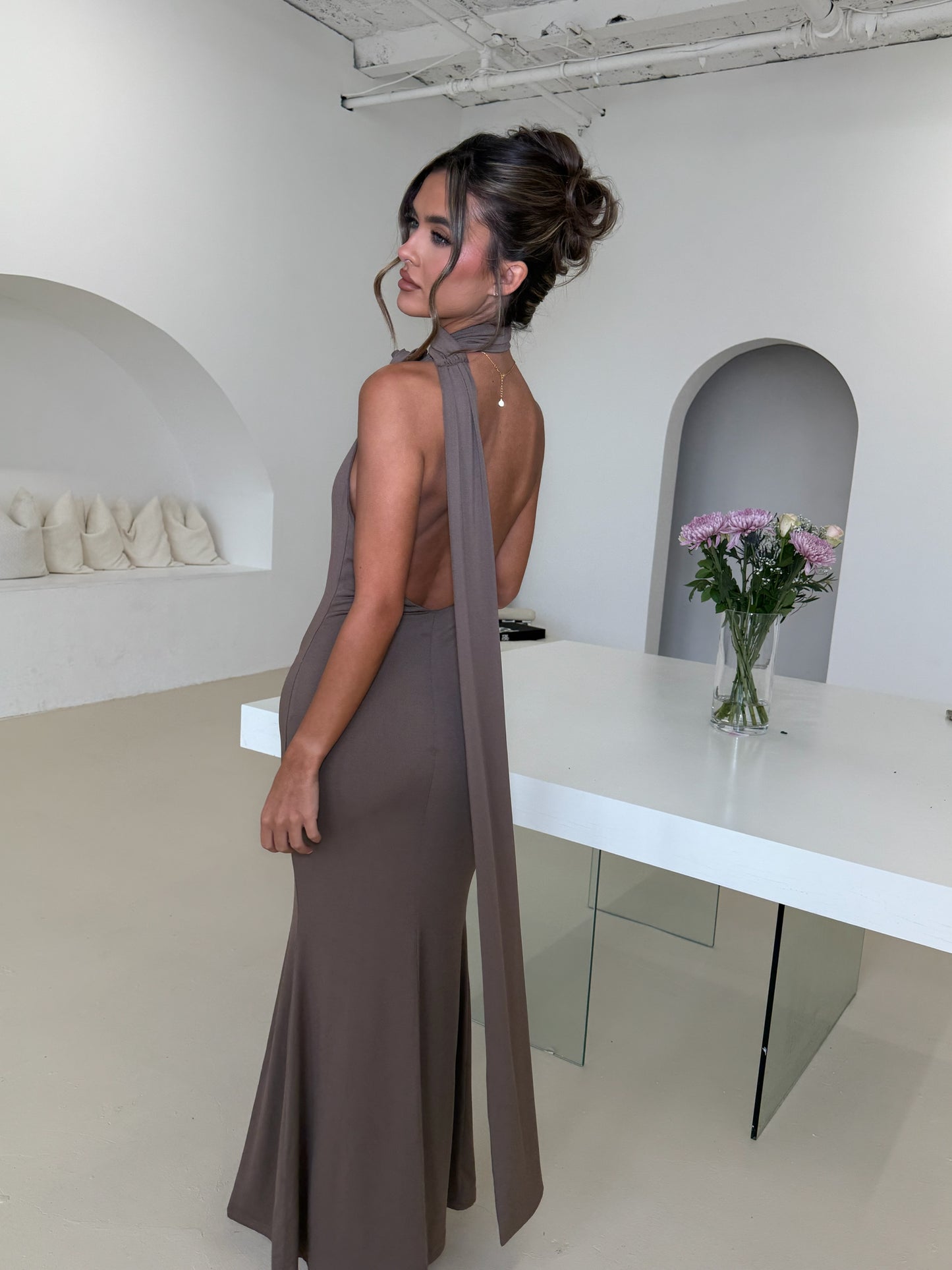 ‘DELILAH’ Maxi Dress With Flower And Drape Detailing - Brown
