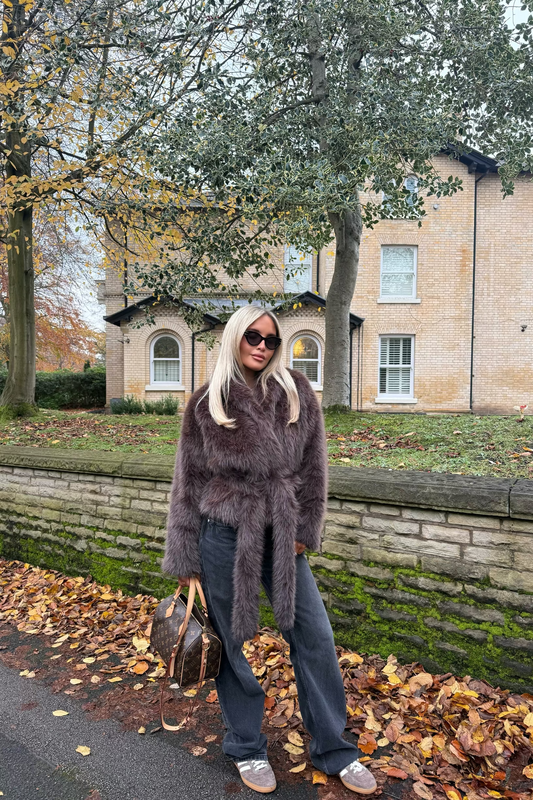 Faux Fur Jacket With Detachable Tie | Brown