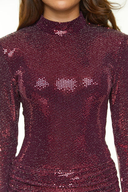 Cassia Shimmer Bodysuit + Ruched Shorts | Wine